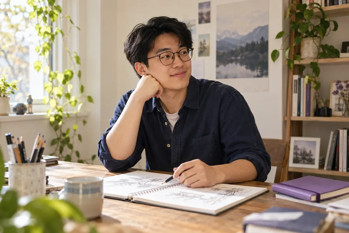 A young adult with books and a notebook