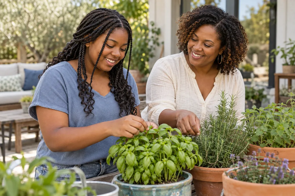 An adult and a teenager tending plants together