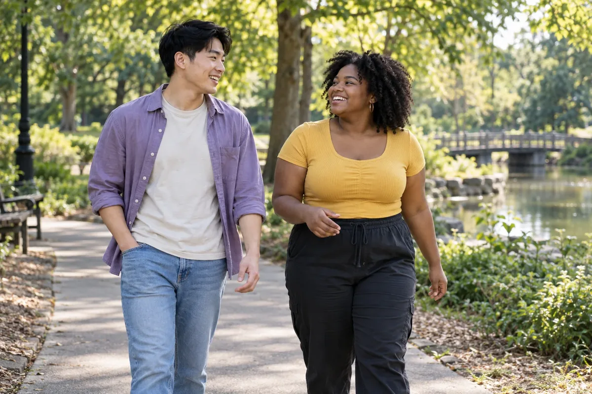 Two young adults walking and talking outside