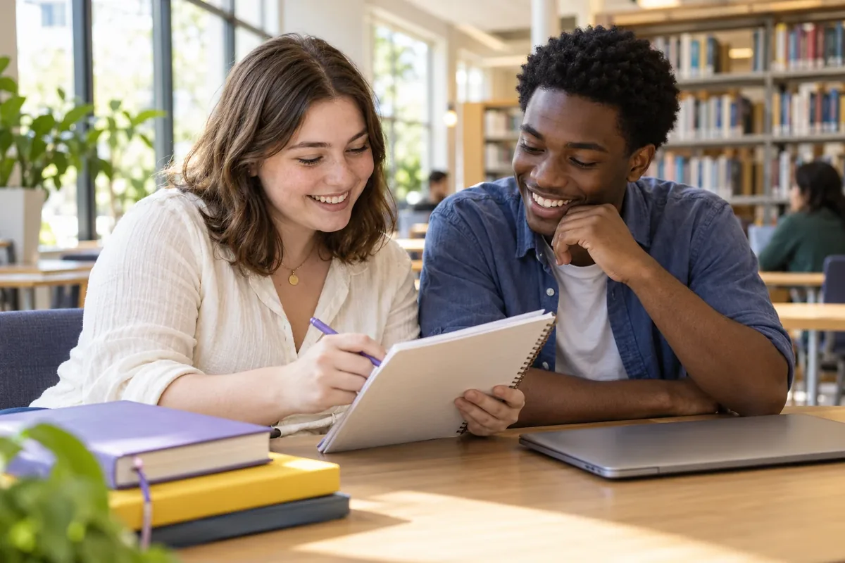 Two young adults studying together