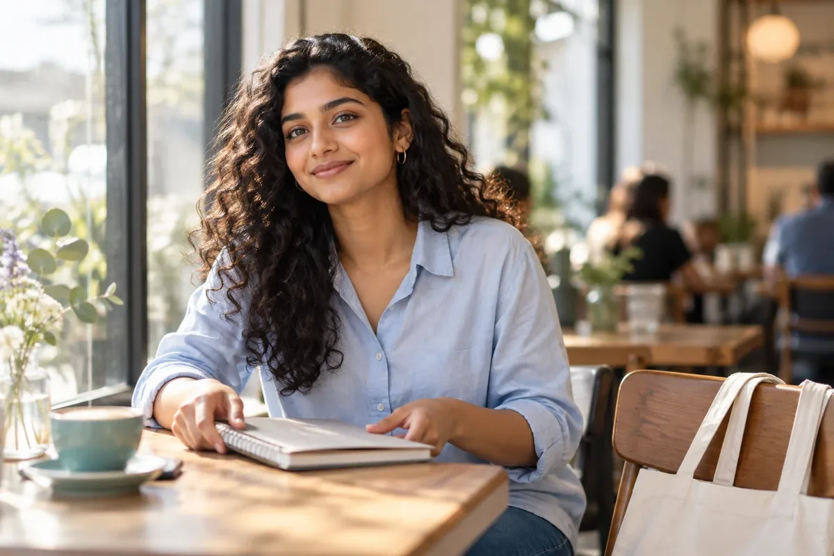 A young adult with a notebook at a café