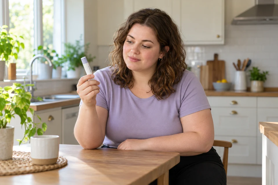 A young adult at home holding a medication pen