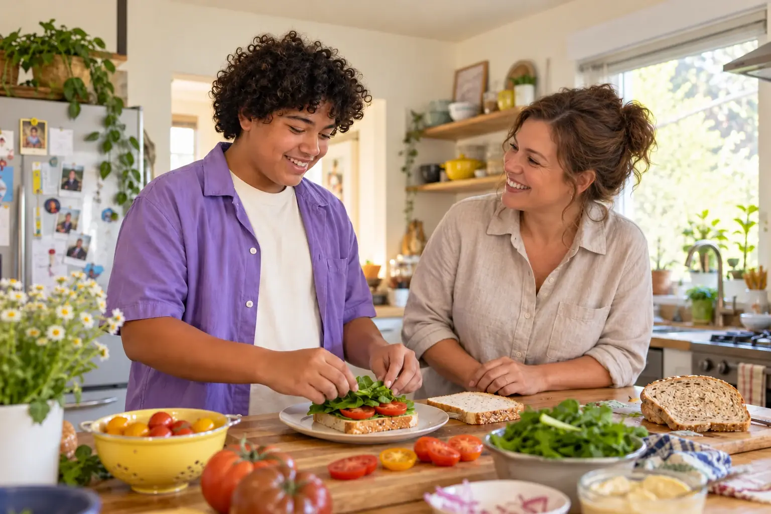 A teen preparing food with his mother at home