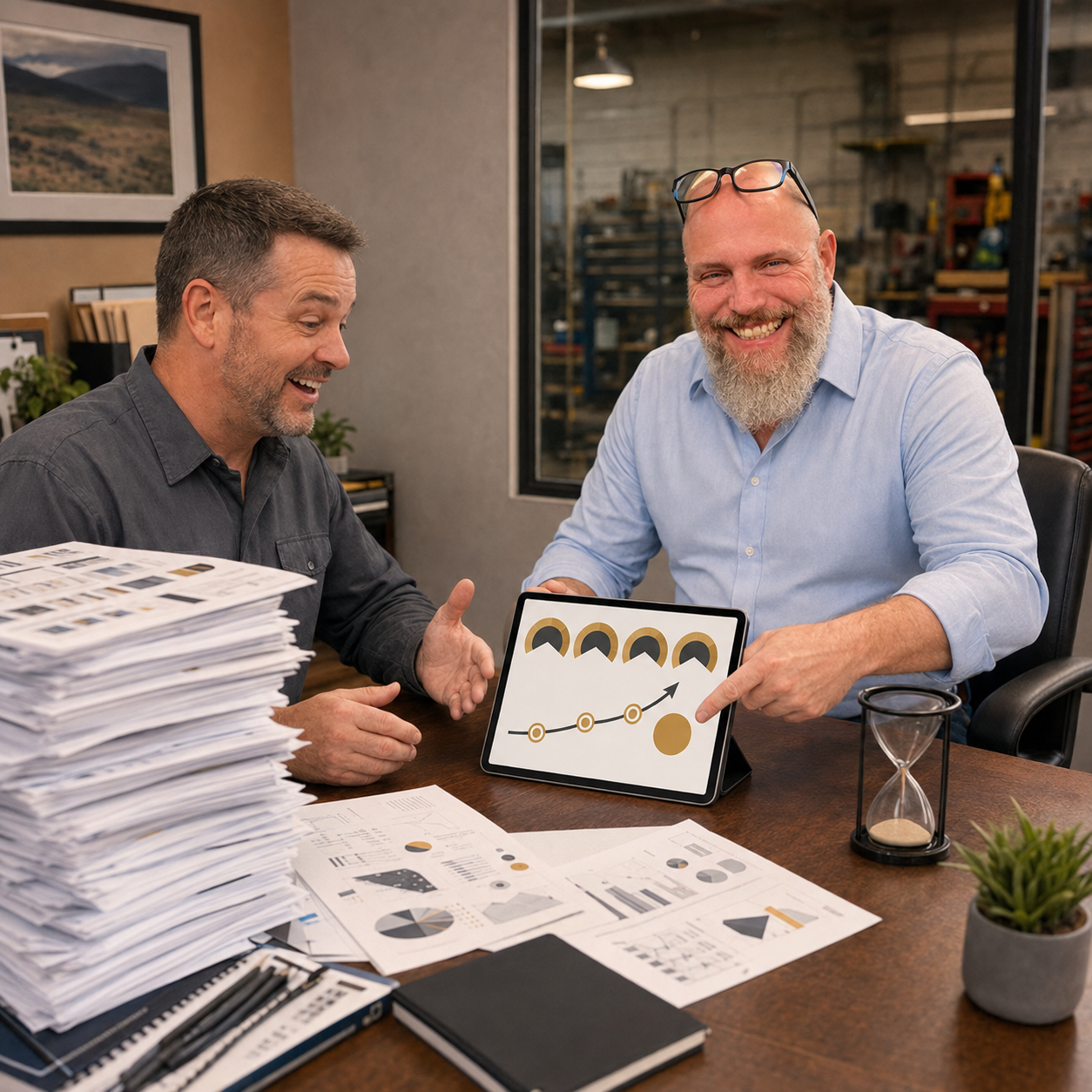 Marketing coach Mike Cooper reviewing growth data on a tablet with a home service business owner at a table