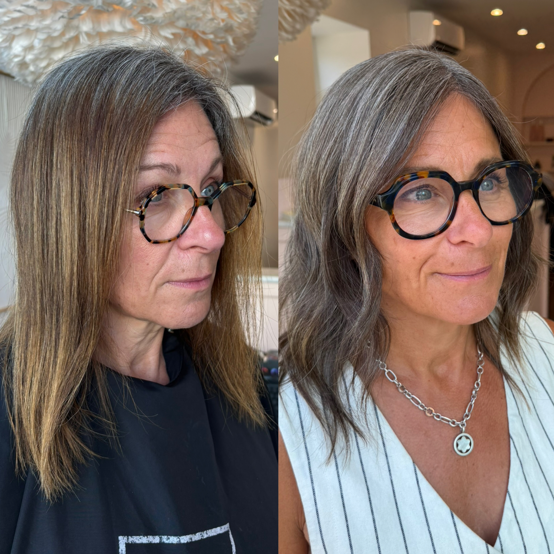 Grey blending transformation before and after at Rosie Baylis Hair, Tunbridge Wells
