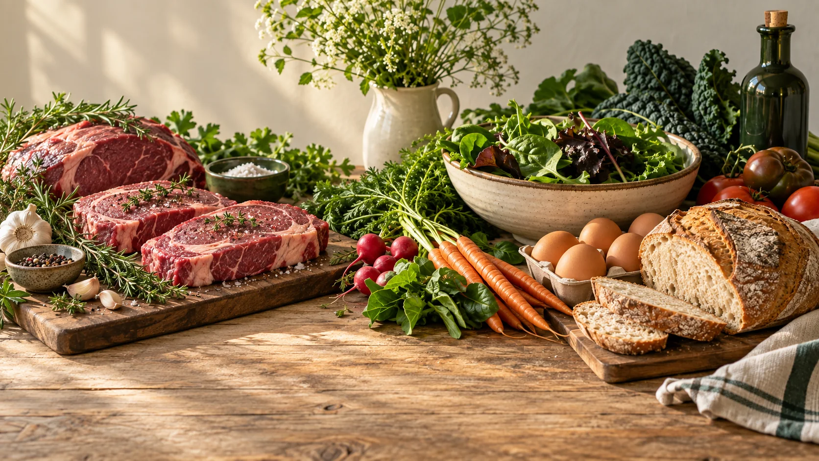 Fresh steaks on a butcher board beside vegetables, greens, eggs, and bread