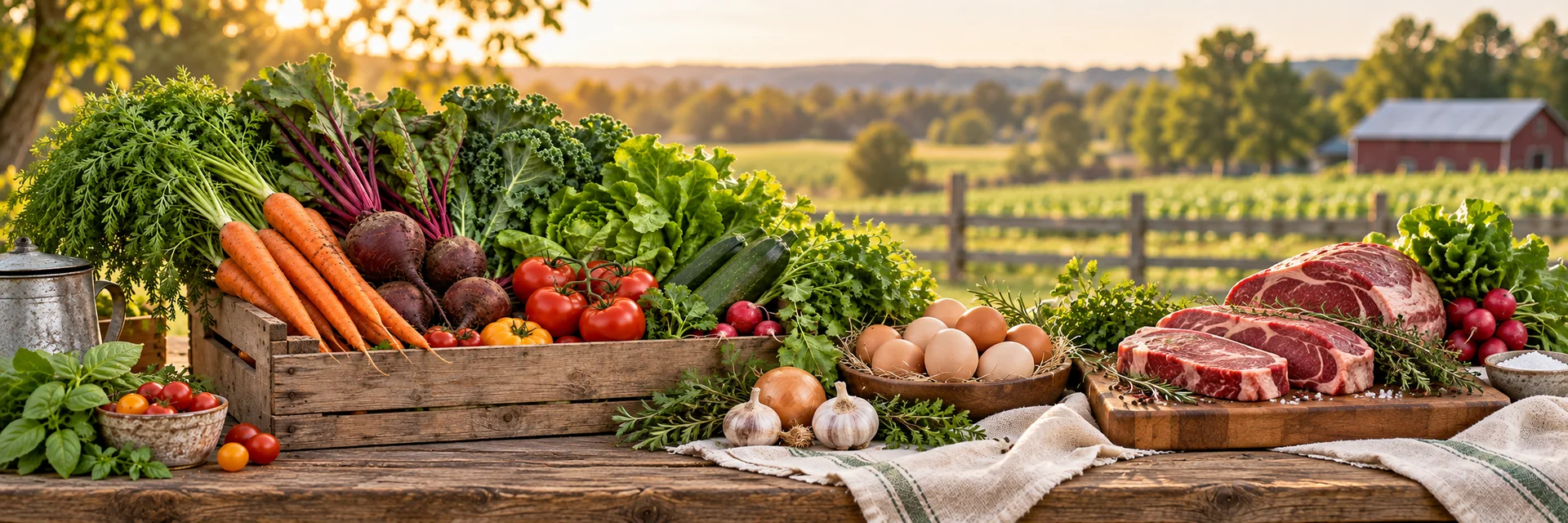 Farm-fresh produce, eggs and fresh steaks arranged on a wooden table