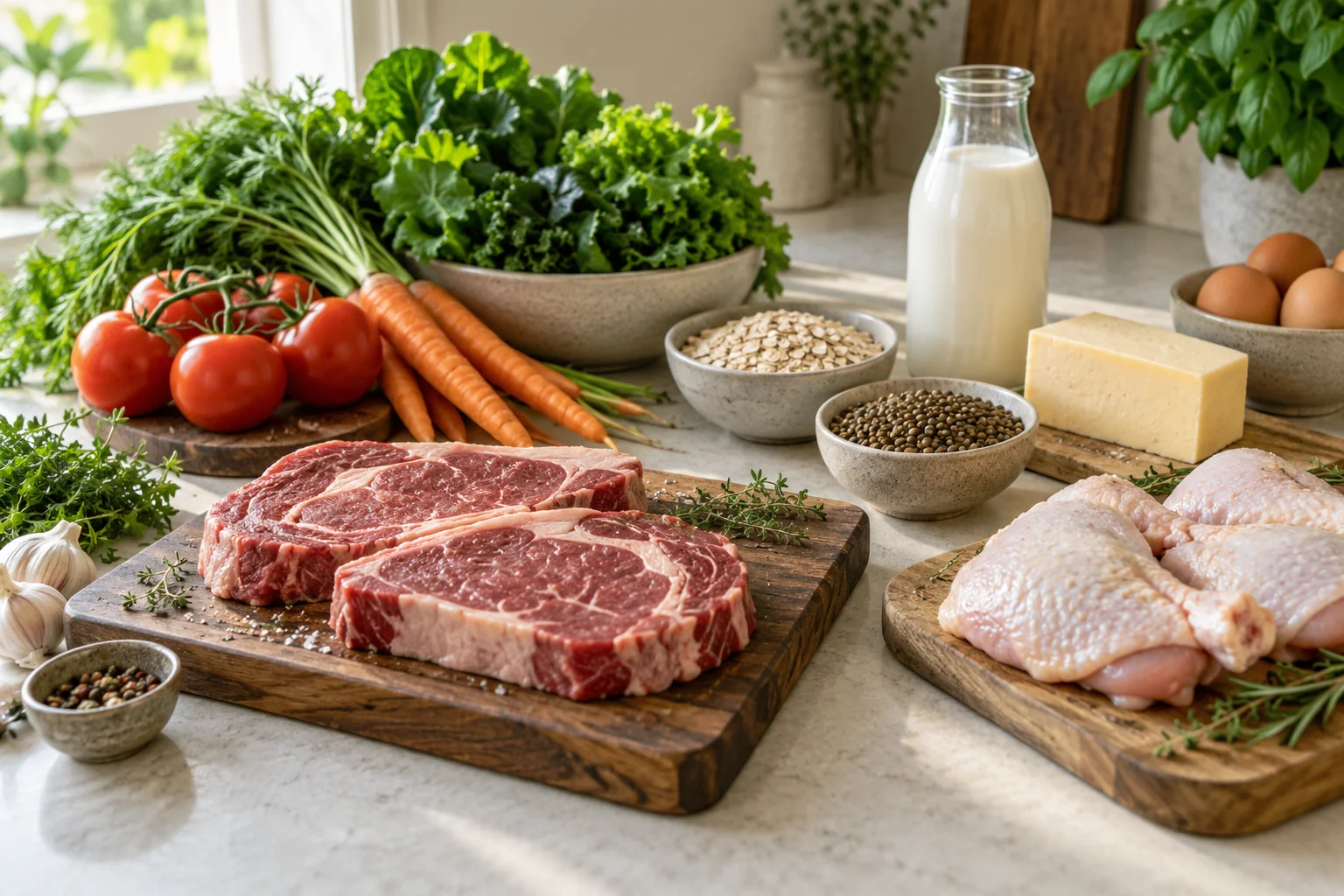 Fresh steaks and poultry on separate boards, vegetables, eggs, milk, cheese, oats, and lentils