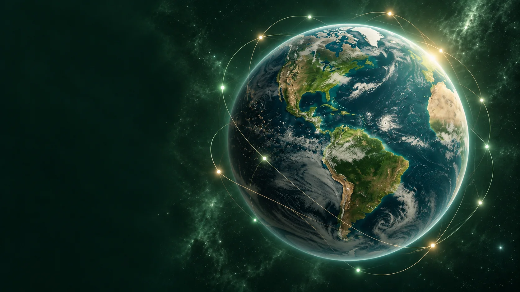 Conceptual Earth with luminous network arcs and layered node lights