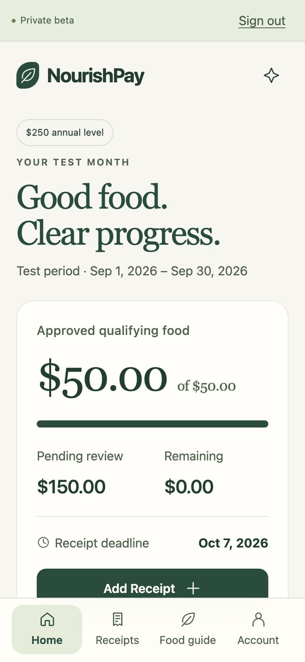 Beta app home screen: approved qualifying food of $50.00 of $50.00, with $150.00 still pending review shown separately, $0.00 remaining, and the receipt deadline.