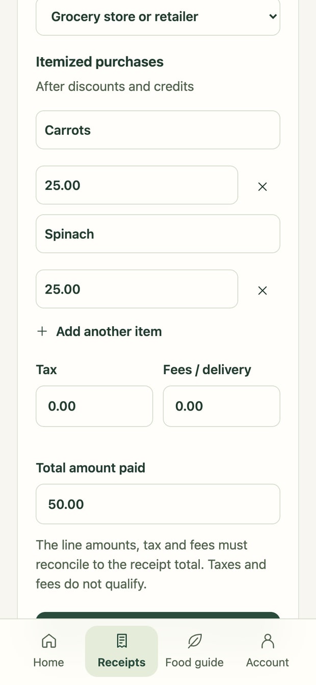 Beta app: the purchase details form filled in with merchant Cayey Test Market, a purchase date, and itemized lines for carrots and spinach, noted as amounts after discounts and credits.