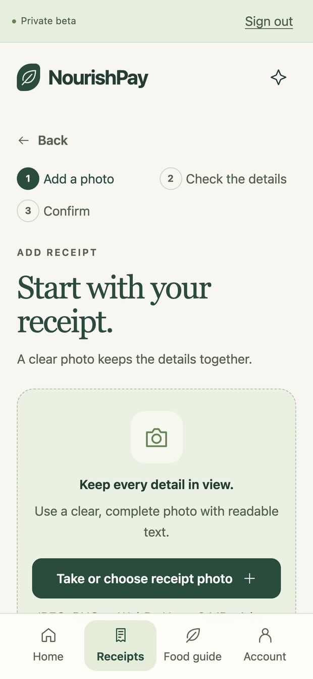 Beta app: the add-receipt step, with the three-step progress indicator and a control to choose a photo.