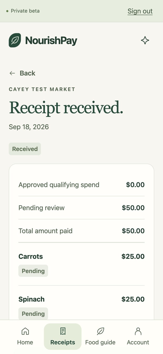 Beta app: a submitted receipt marked Received, showing approved qualifying spend of $0.00, pending review of $50.00, and both items badged Pending.