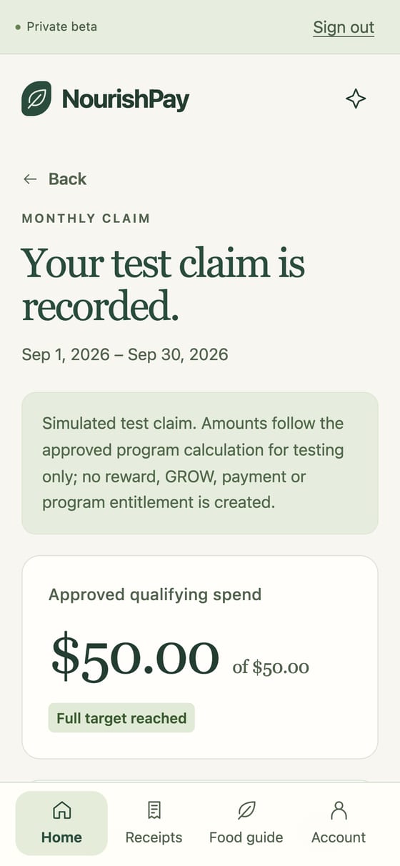 The beta claim screen, showing the simulated test claim notice above the approved qualifying spend of $50.00 of $50.00.