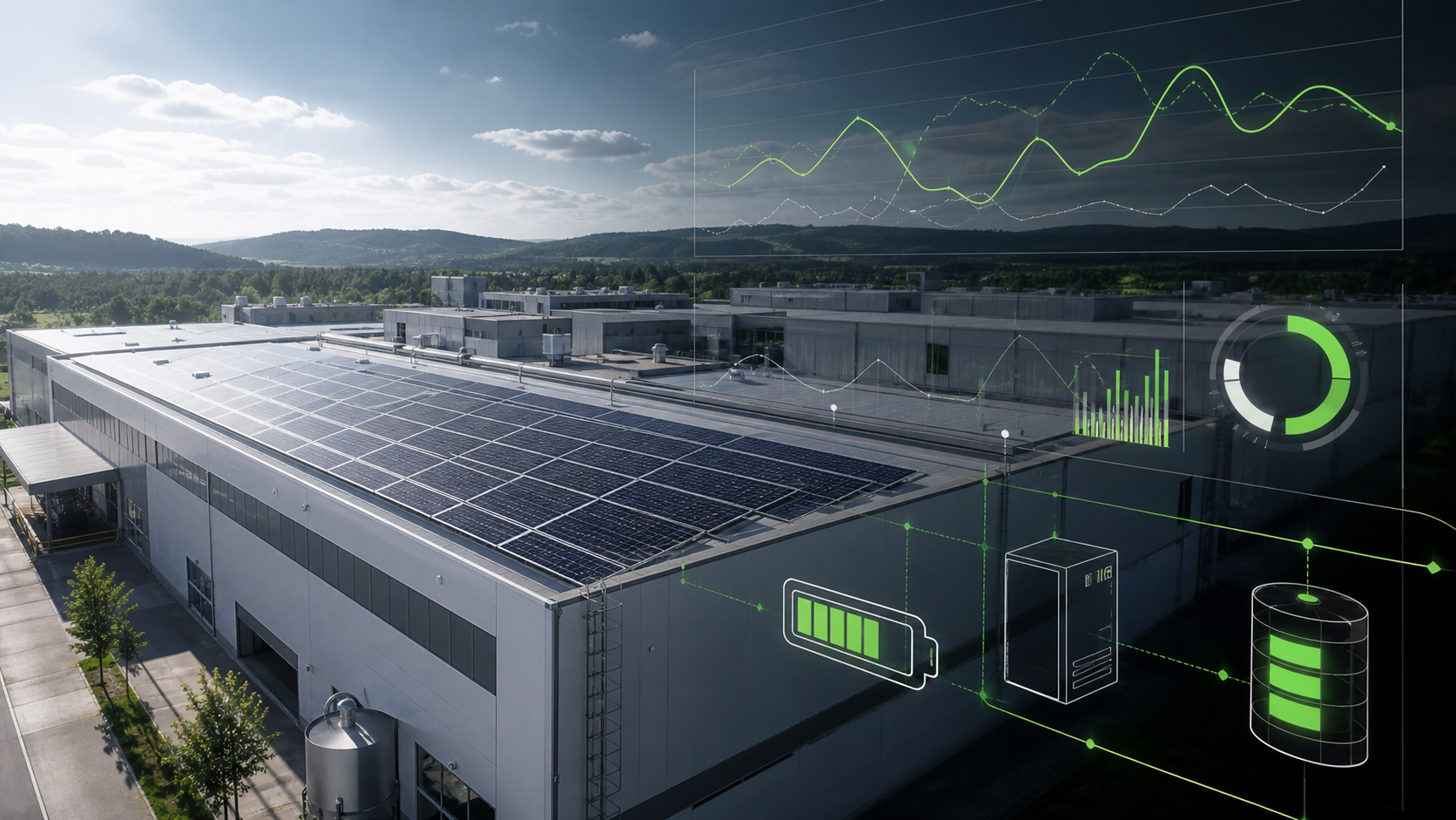KeyLight Energy Intelligence vizuál firemnej FVE s dátovým dashboardom