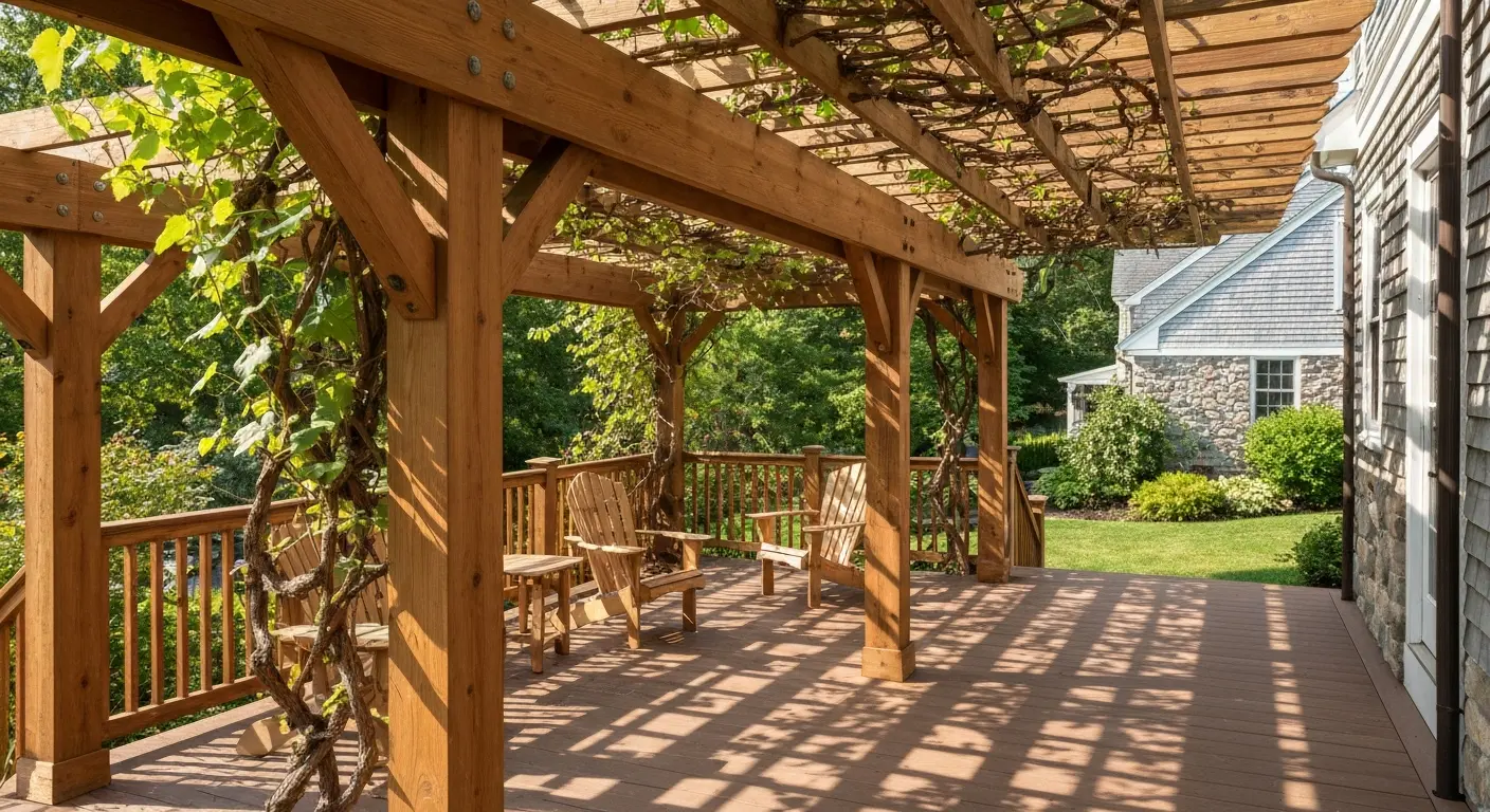 Wooden pergola with climbing vines over deck space