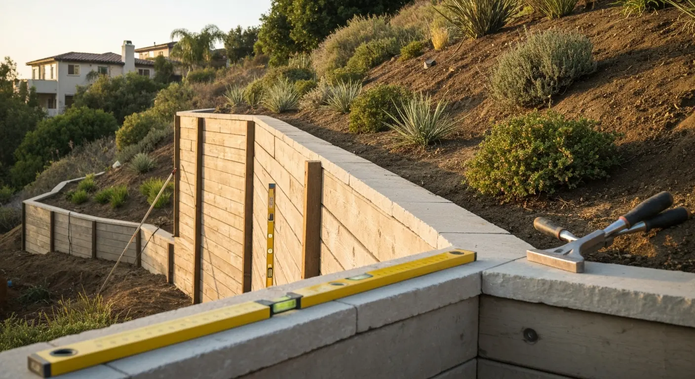 Retaining wall installation on hillside
