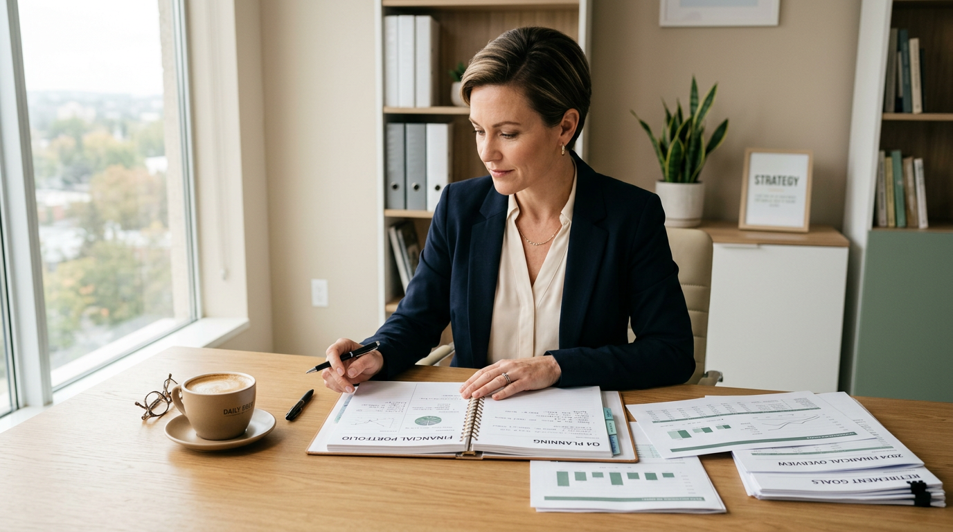 Professional reviewing retirement savings plan documents at a clean desk with natural light — Eden Advisory Services
