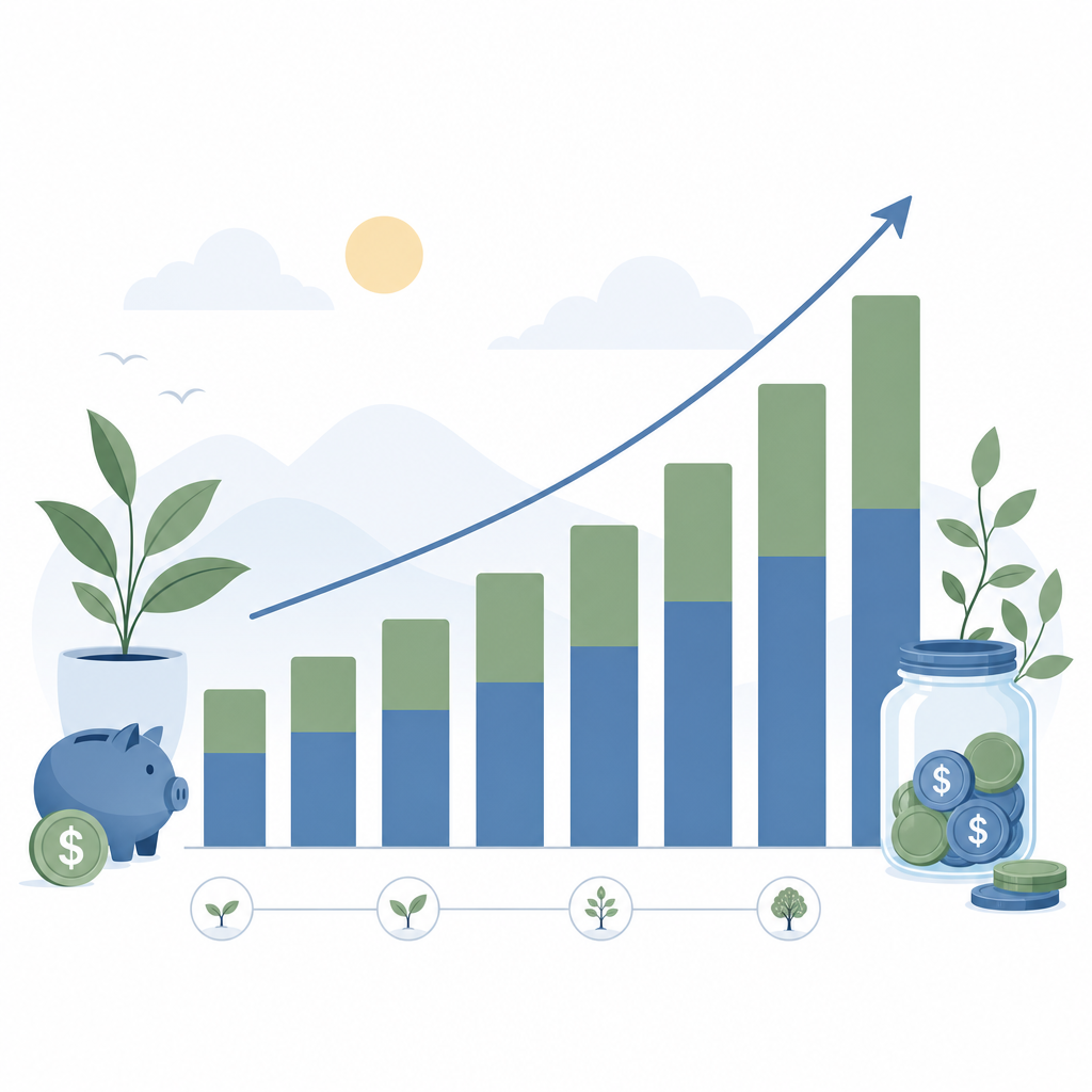 Illustration of retirement account contribution growth represented by stacked bar charts in blue and green — Eden Advisory Services