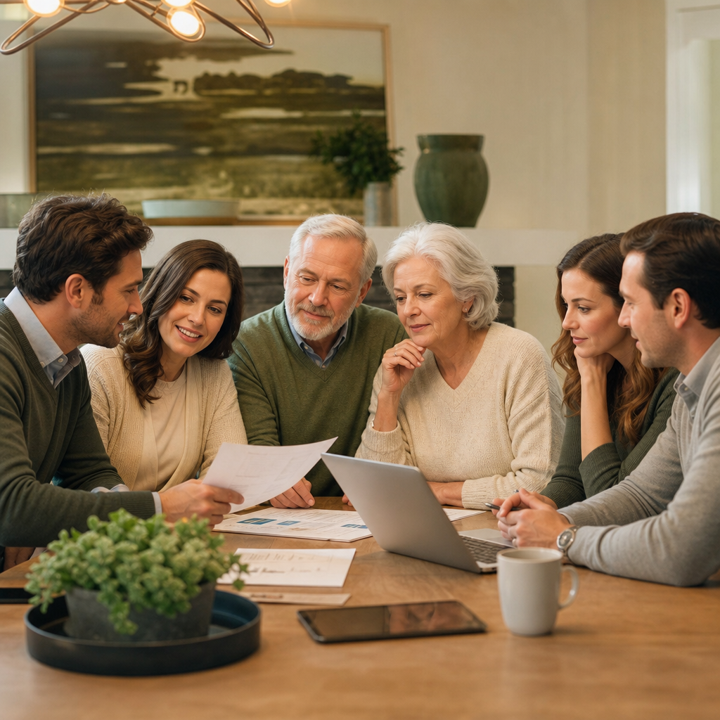 A multi-generational family having a calm financial planning conversation at a table with documents — representing long-term retirement planning with Eden Advisory Services