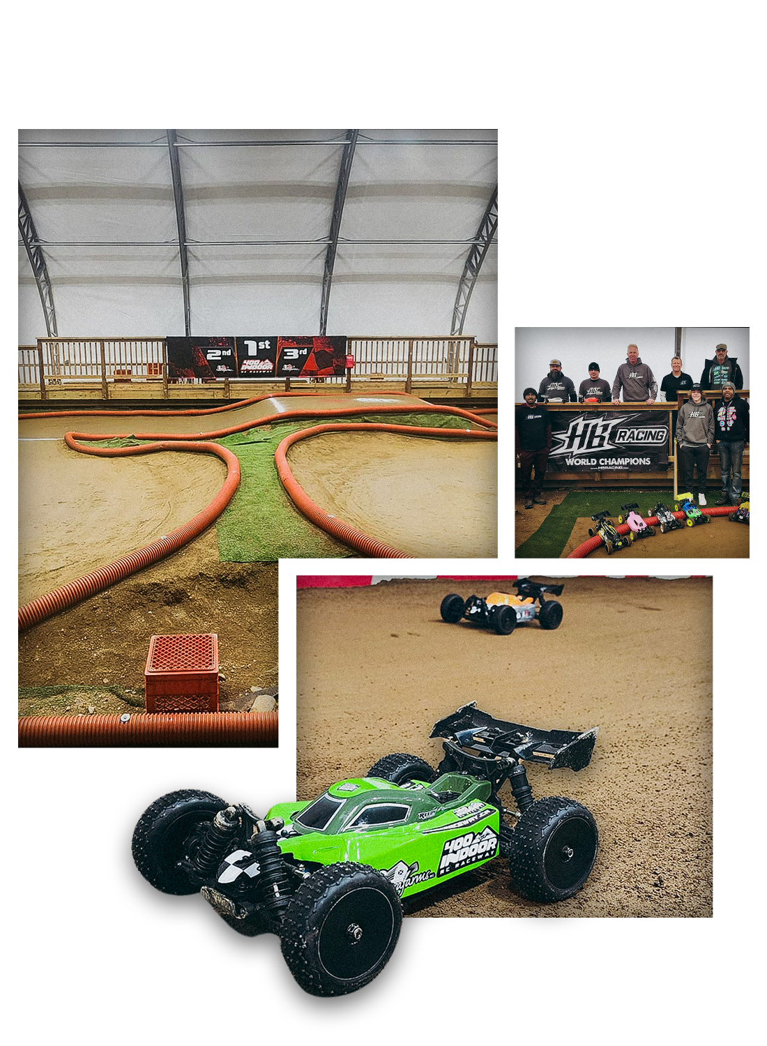 Electric RC buggy racing on a high-speed indoor track at 400 Indoor RC Raceway in Barrie.