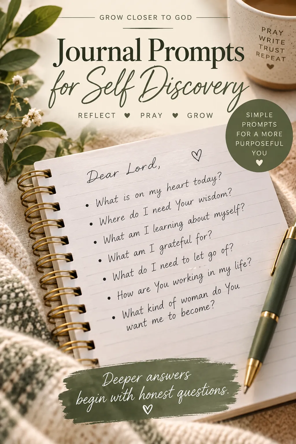 Journal prompts for self discovery displayed in a prayer journal with reflective Christian prompts for growing closer to God.