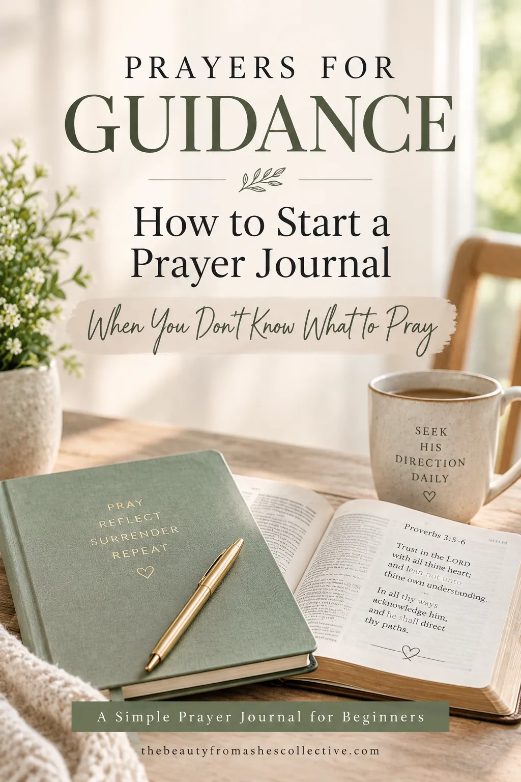 Warm faith-based prayer journal scene featuring an open Bible, green journal, coffee mug, and the words “Prayers for Guidance: How to Start a Prayer Journal.”