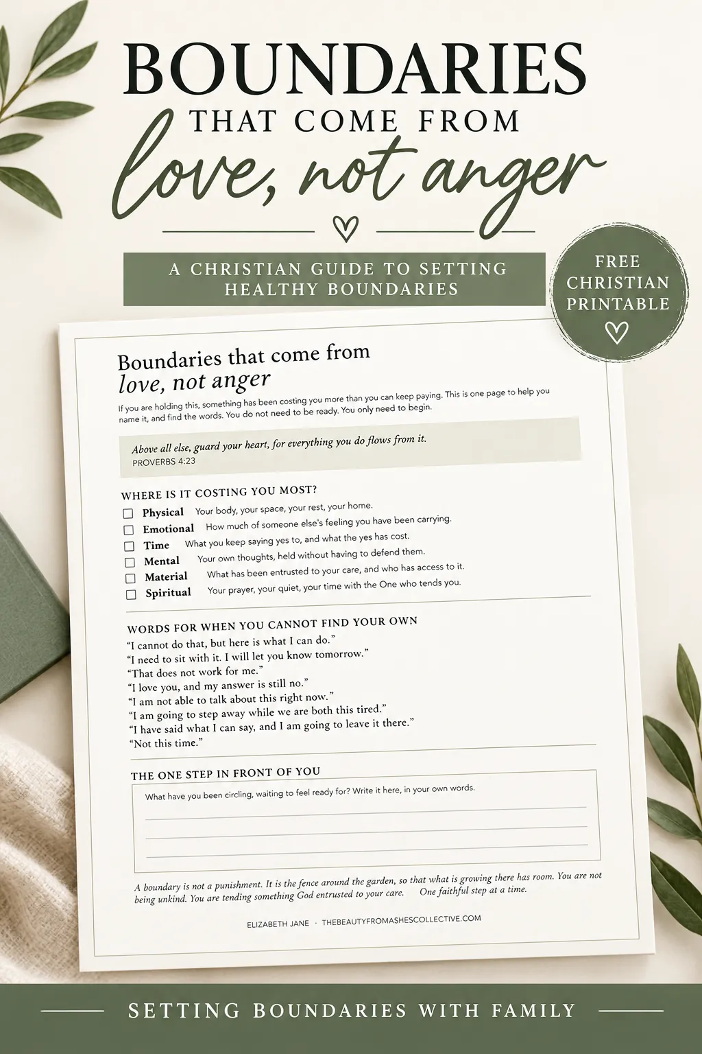 Christian boundaries printable titled “Boundaries That Come From Love, Not Anger,” with Scripture, boundary-setting prompts, and practical phrases for setting boundaries with family. Christian boundaries printable titled “Boundaries That Come From Love, Not Anger,” with Scripture, boundary-setting prompts, and practical phrases for setting boundaries with family.