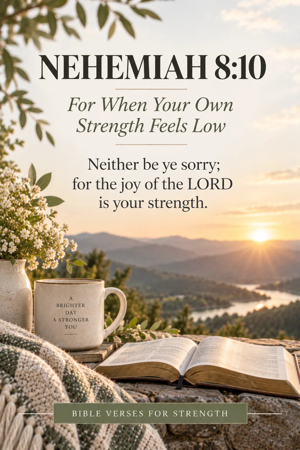 Nehemiah 8:10 KJV Bible verse for strength, featuring the reminder “the joy of the LORD is your strength” over a peaceful sunrise with an open Bible. Nehemiah 8:10 KJV Bible verse for strength, featuring the reminder “the joy of the LORD is your strength” over a peaceful sunrise with an open Bible.
