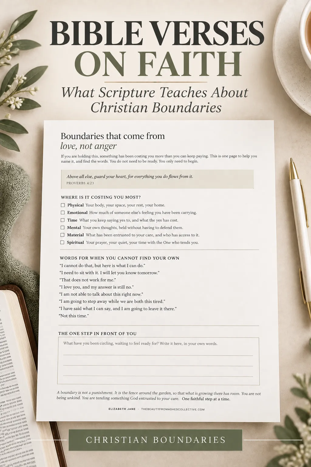Bible verses on faith and Christian boundaries printable featuring Proverbs 4:23, reflection prompts, and practical phrases for setting healthy boundaries. Bible verses on faith and Christian boundaries printable featuring Proverbs 4:23, reflection prompts, and practical phrases for setting healthy boundaries.