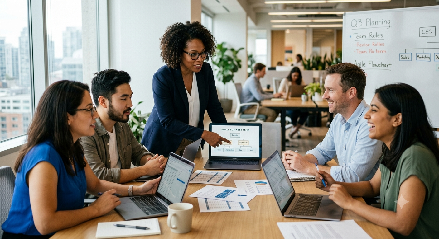 Real estate business team discussing AI governance and talent strategy in a meeting room