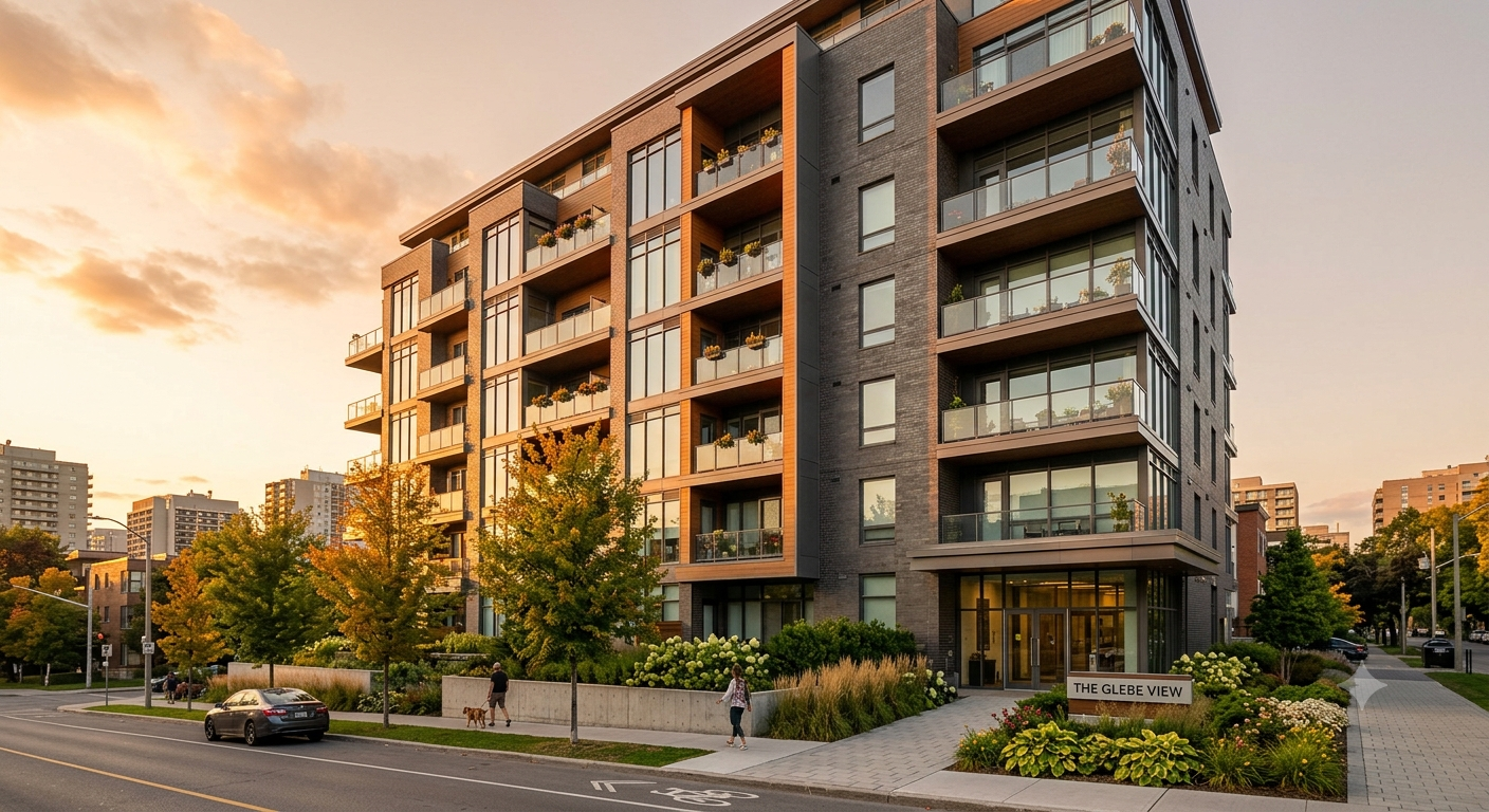 Modern multifamily apartment building exterior representing Ontario real estate investment and AI-driven property management