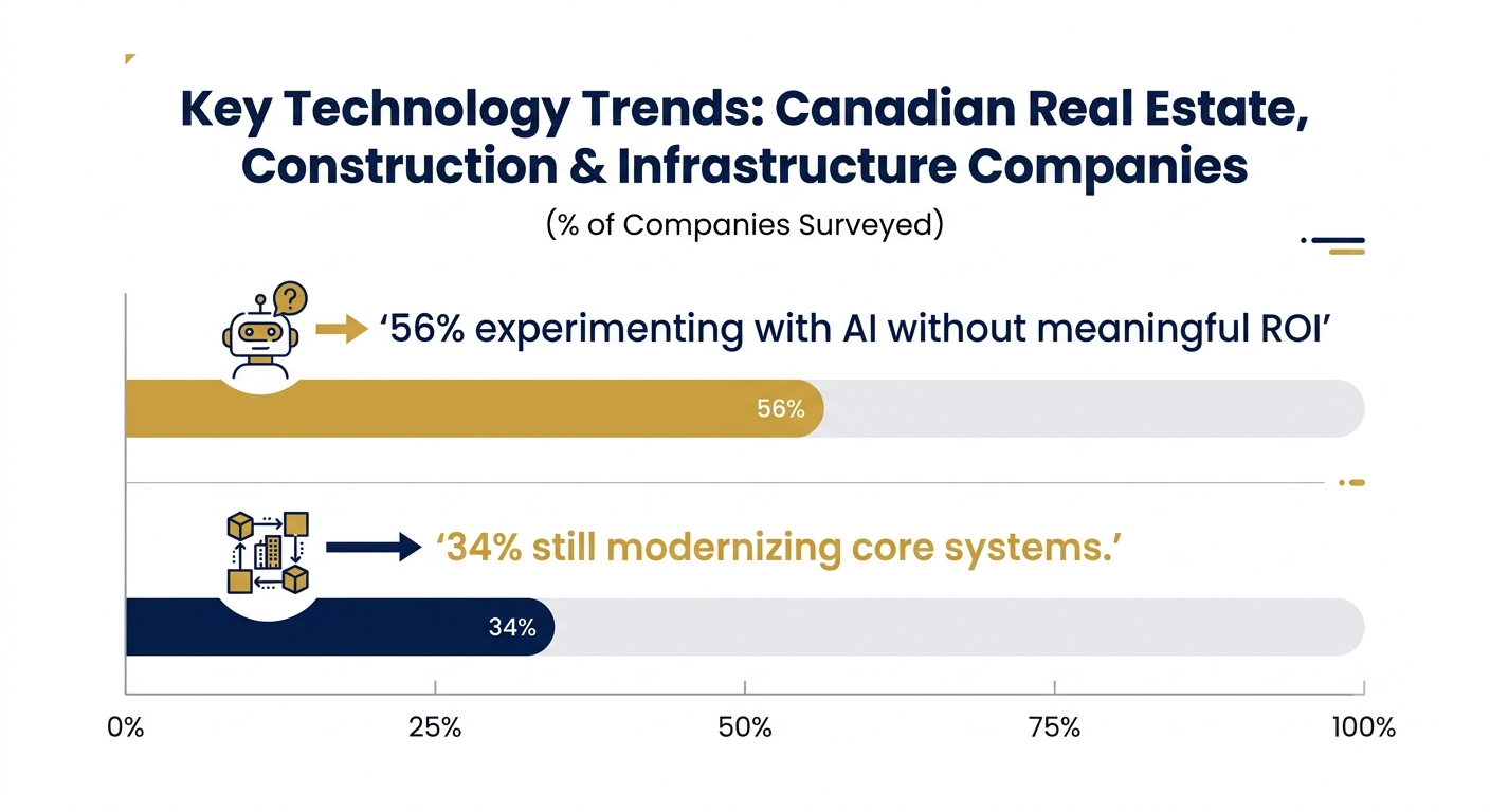 Chart showing 56 percent of Canadian real estate, construction, and infrastructure companies experimenting with AI without meaningful ROI, and 34 percent still modernizing core systems, per BDO Canada 2026 survey