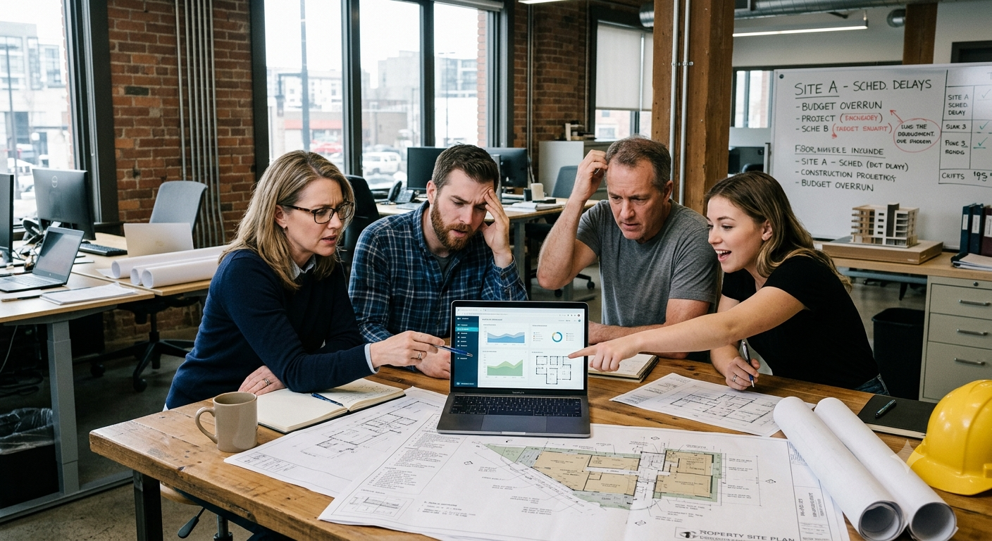 Property management and construction team reviewing AI adoption challenges on a laptop in a real estate office