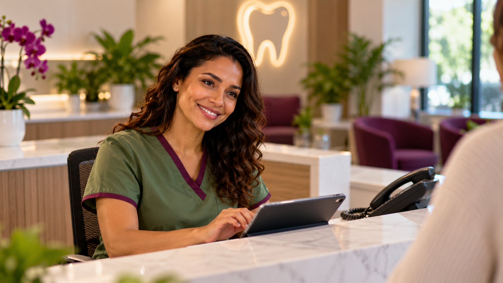 Relaxed dental receptionist at the front desk