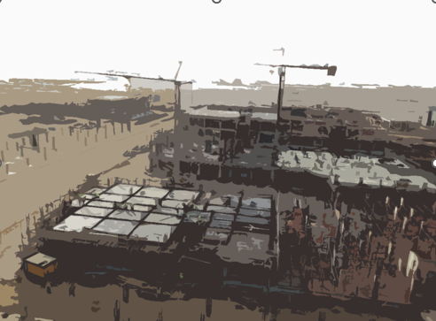 An abstract, filtered aerial view of a large-scale construction site featuring tower cranes, reinforced foundation grids, and multi-story structural framing in progress.