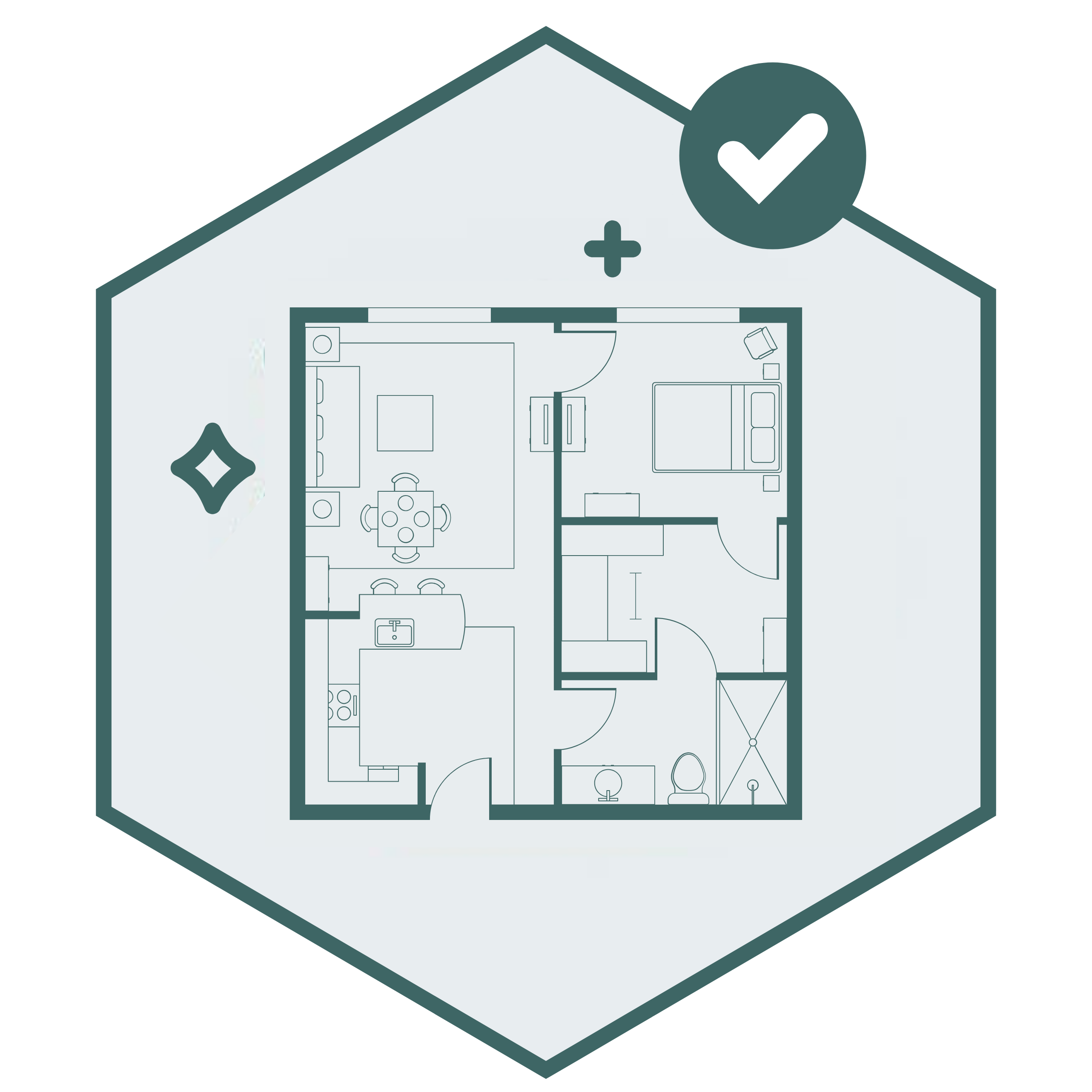 Floor plan illustration showcasing a modern home layout with living area, kitchen, and bedroom, emphasizing clarity for real estate listings.
