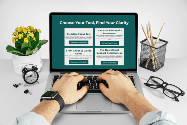 A laptop mockup showcasing a toolkit of free resources for North American & Latin American boutique service business owners. The screen, titled "Choose Your Tool, Find Your Clarity," features four diagnostic tools: the Freedom Focus Test, an Operational Blueprint Assessment, the From Chaos to Clarity Guide, and a Decision Map for hiring. This resource library helps founders identify and solve their biggest operational challenges.