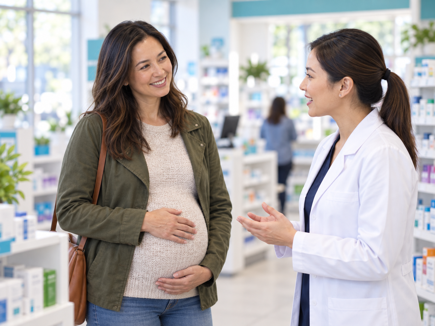 Illustration of a pregnant woman speaking with a pharmacist