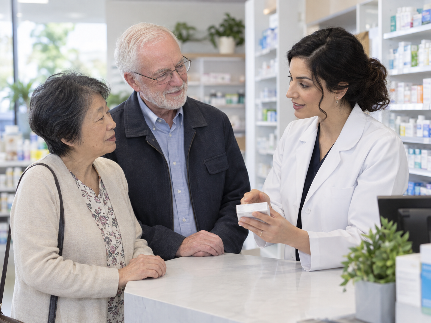 Illustration of an older couple speaking with a pharmacist