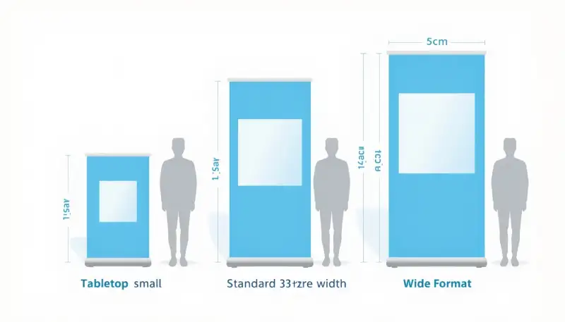 Infographic showing trade show banner stand dimensions including tabletop, standard 33-inch, and wide format displays.