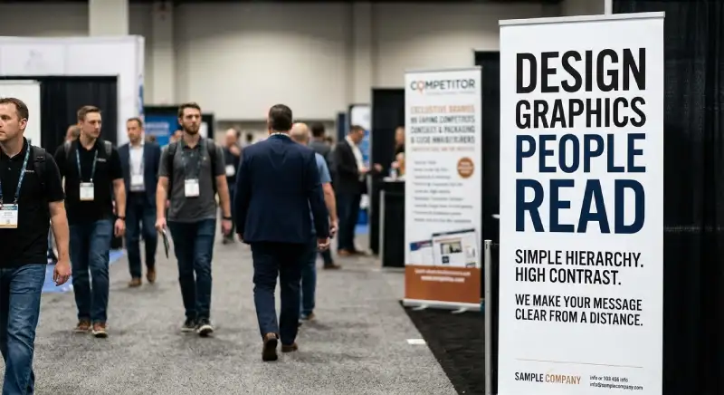 A banner stand only works if someone can read it while walking past at a normal pace. 