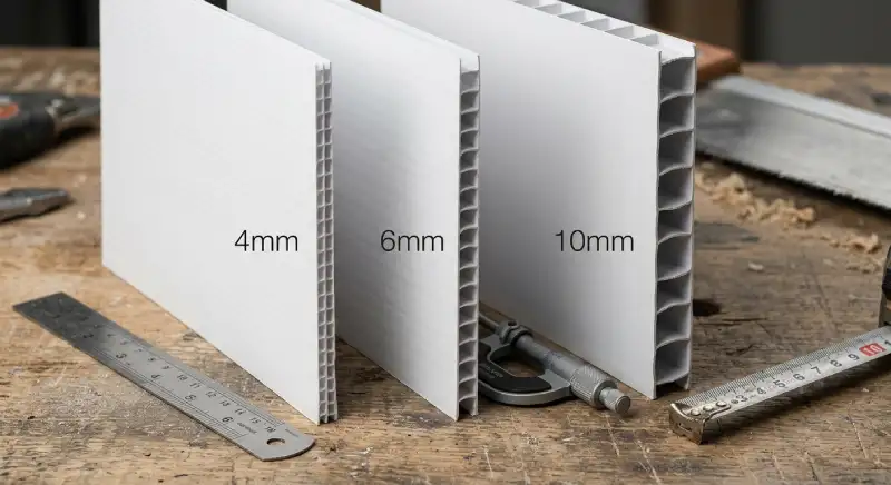 Comparison of 4mm, 6mm, and 10mm coroplast sign panels for construction projects.