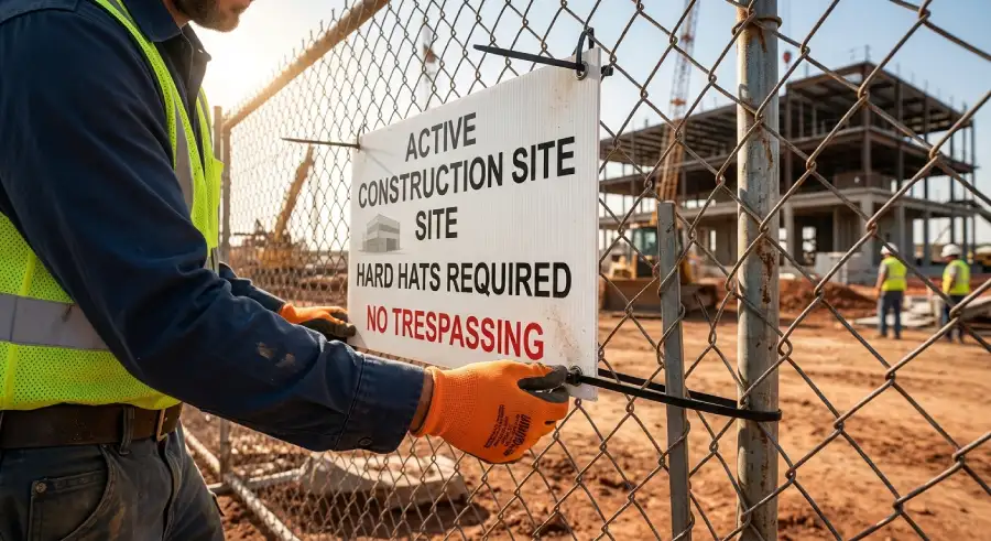 Contractor installing a coroplast sign on construction site fencing with UV-resistant zip ties.
