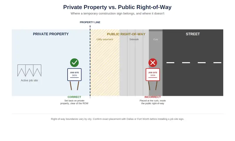 Diagram showing proper placement of temporary construction signs on private property versus the public right of way.