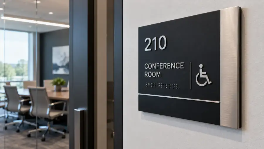 ADA-compliant tactile and Braille wayfinding sign beside an office door. ADA-compliant tactile and Braille wayfinding sign beside an office door.