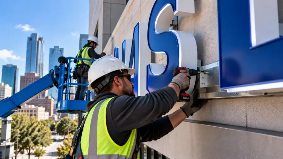 Technicians mounting illuminated channel letters on a commercial building.