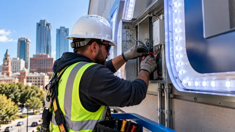 Licensed electrical contractor completing illuminated sign wiring.