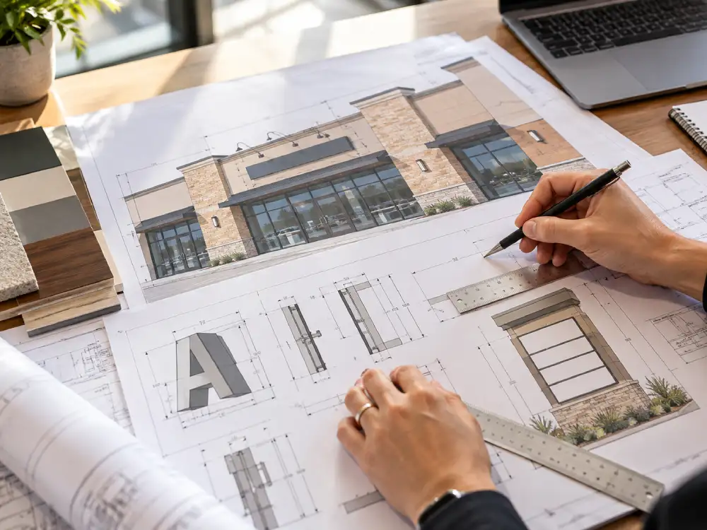 Property manager reviewing storefront elevation drawings and tenant sign dimensions before approving a commercial sign installation.