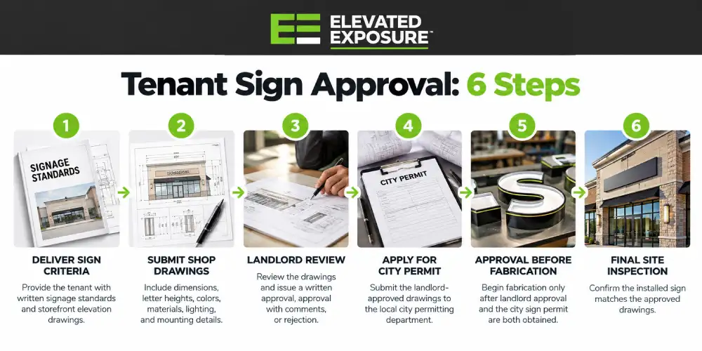 Six-step tenant sign approval process showing sign criteria, shop drawings, landlord review, city permit, fabrication approval, and final inspection.